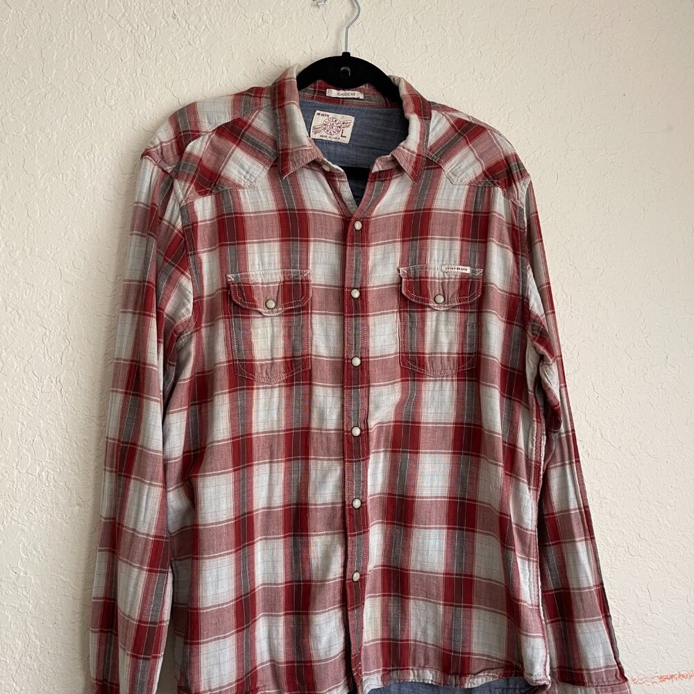 Lucky Brand Men's Long Sleeve Pearl Snap Red Striped Western Shirt Large